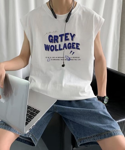 NOWLE（ノウル）の「【NOWLE】ルーズシルエット フロントロゴ ノースリーブ Tシャツ（タンクトップ・メンズ・ホワイト/ブラック・LARGE/MEDIUM）」の8枚目の写真