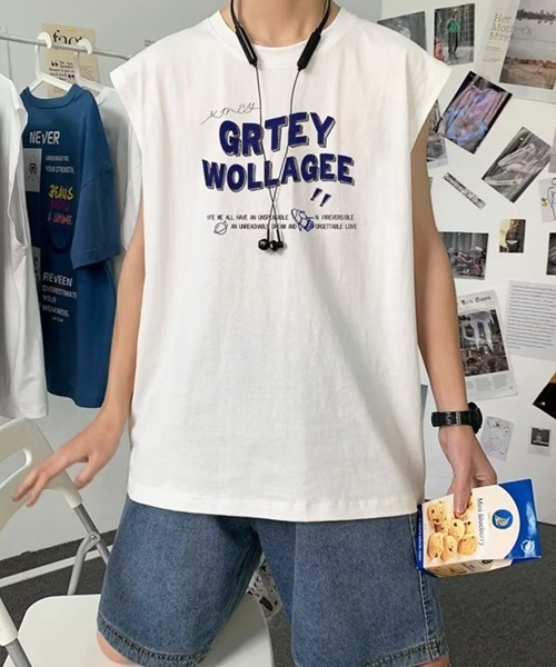 NOWLE（ノウル）の「【NOWLE】ルーズシルエット フロントロゴ ノースリーブ Tシャツ（タンクトップ・メンズ・ホワイト/ブラック・LARGE/MEDIUM）」の9枚目の写真