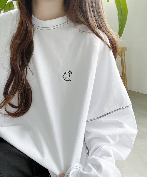 Nana（ナナ）の「オバケ刺繍ステッチロングTシャツ（Tシャツ/カットソー・レディース・ブラック/ホワイト・FREE）」の18枚目の写真