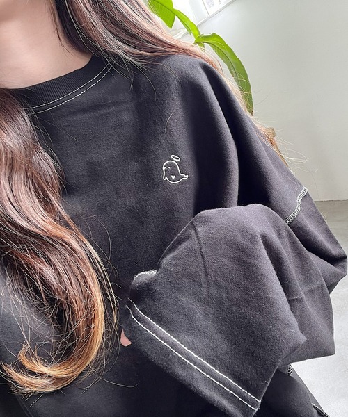 Nana（ナナ）の「オバケ刺繍ステッチロングTシャツ（Tシャツ/カットソー・レディース・ブラック/ホワイト・FREE）」の5枚目の写真
