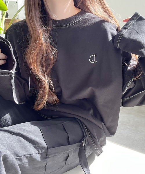 Nana（ナナ）の「オバケ刺繍ステッチロングTシャツ（Tシャツ/カットソー・レディース・ブラック/ホワイト・FREE）」の6枚目の写真