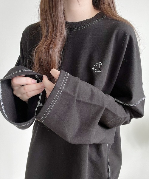 Nana（ナナ）の「オバケ刺繍ステッチロングTシャツ（Tシャツ/カットソー・レディース・ブラック/ホワイト・FREE）」の7枚目の写真