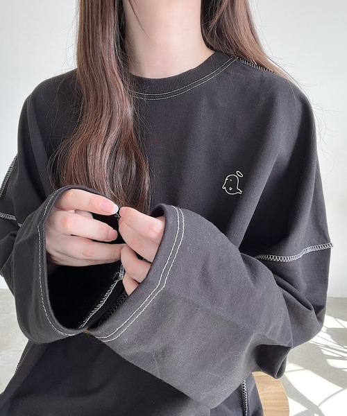 Nana（ナナ）の「オバケ刺繍ステッチロングTシャツ（Tシャツ/カットソー・レディース・ブラック/ホワイト・FREE）」の9枚目の写真