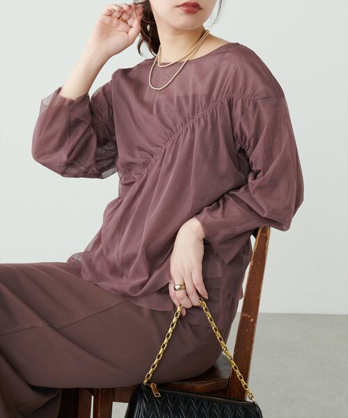 natural couture(ナチュラルクチュール)の「ネットチュールアシメ切替プルオーバー(Tシャツ/カットソー・レディース・チャコールグレー/グレイッシュベージュ/ピンク系その他/アイボリー・FREE)」の4枚目の写真