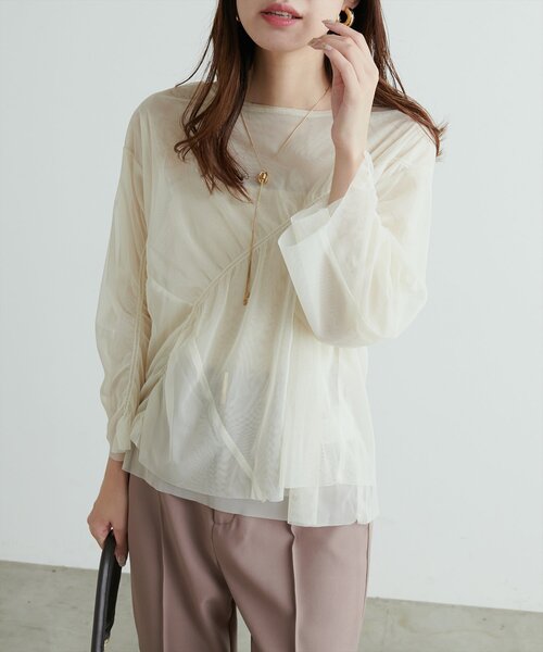 natural couture(ナチュラルクチュール)の「ネットチュールアシメ切替プルオーバー(Tシャツ/カットソー・レディース・チャコールグレー/グレイッシュベージュ/ピンク系その他/アイボリー・FREE)」の5枚目の写真