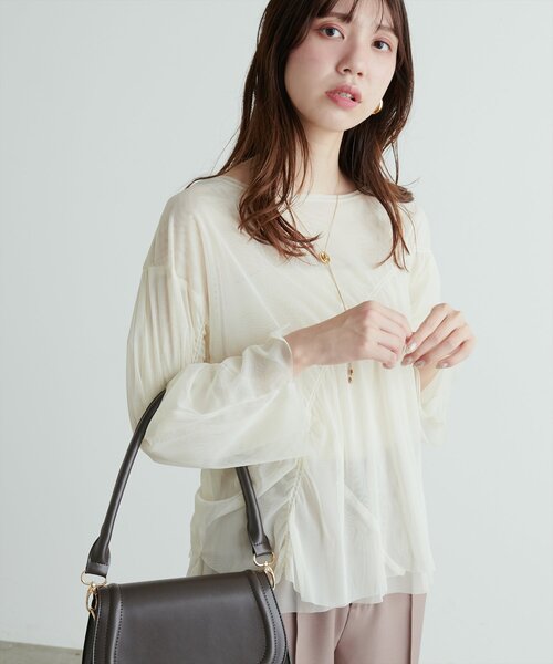natural couture(ナチュラルクチュール)の「ネットチュールアシメ切替プルオーバー(Tシャツ/カットソー・レディース・チャコールグレー/グレイッシュベージュ/ピンク系その他/アイボリー・FREE)」の7枚目の写真