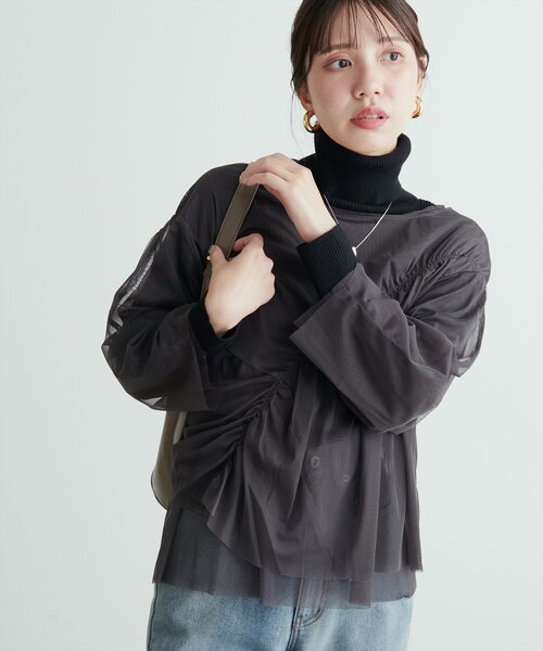 natural couture(ナチュラルクチュール)の「ネットチュールアシメ切替プルオーバー(Tシャツ/カットソー・レディース・チャコールグレー/グレイッシュベージュ/ピンク系その他/アイボリー・FREE)」の15枚目の写真