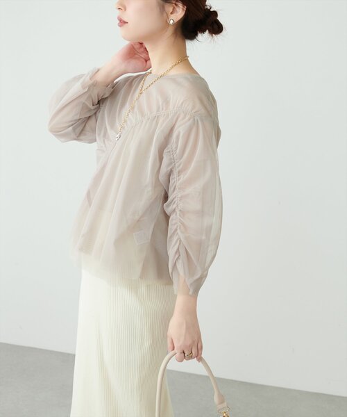 natural couture(ナチュラルクチュール)の「ネットチュールアシメ切替プルオーバー(Tシャツ/カットソー・レディース・チャコールグレー/グレイッシュベージュ/ピンク系その他/アイボリー・FREE)」の3枚目の写真