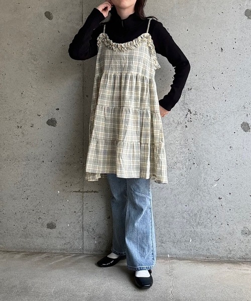 merrylatte(メリーラテ)の「チェックリボンキャミワンピース(ワンピース・レディース・イエロー・FREE)」の9枚目の写真