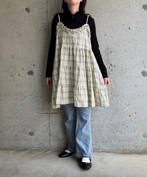 merrylatte(メリーラテ)の「チェックリボンキャミワンピース(ワンピース・レディース・イエロー・FREE)」の11枚目の写真