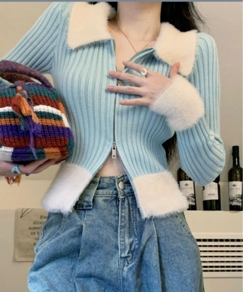 kirakiraShop(キラキラショップ)の「シャギー 切り替え ジップ ニット カーディガン(ニット/セーター・レディース・ピンク/レッド/ブルー/ブラック・FREE)」の10枚目の写真