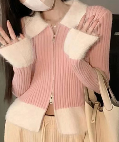 kirakiraShop(キラキラショップ)の「シャギー 切り替え ジップ ニット カーディガン(ニット/セーター・レディース・ピンク/レッド/ブルー/ブラック・FREE)」の11枚目の写真