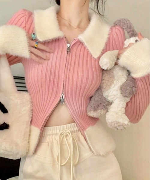 kirakiraShop(キラキラショップ)の「シャギー 切り替え ジップ ニット カーディガン(ニット/セーター・レディース・ピンク/レッド/ブルー/ブラック・FREE)」の12枚目の写真