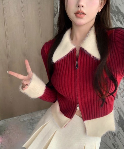 kirakiraShop(キラキラショップ)の「シャギー 切り替え ジップ ニット カーディガン(ニット/セーター・レディース・ピンク/レッド/ブルー/ブラック・FREE)」の15枚目の写真