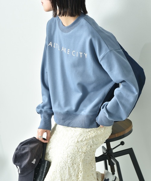 INTERPLANET（インタープラネット）の「デニム切替フロッキーロゴプルオーバー（スウェット・レディース・オートミール/チャコールグレー/ブルー・FREE）」の3枚目の写真