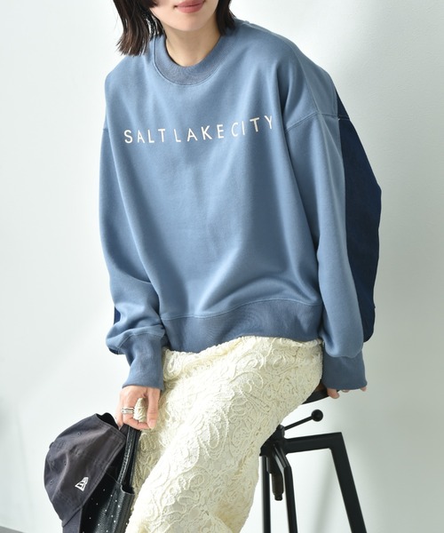 INTERPLANET（インタープラネット）の「デニム切替フロッキーロゴプルオーバー（スウェット・レディース・オートミール/チャコールグレー/ブルー・FREE）」の18枚目の写真