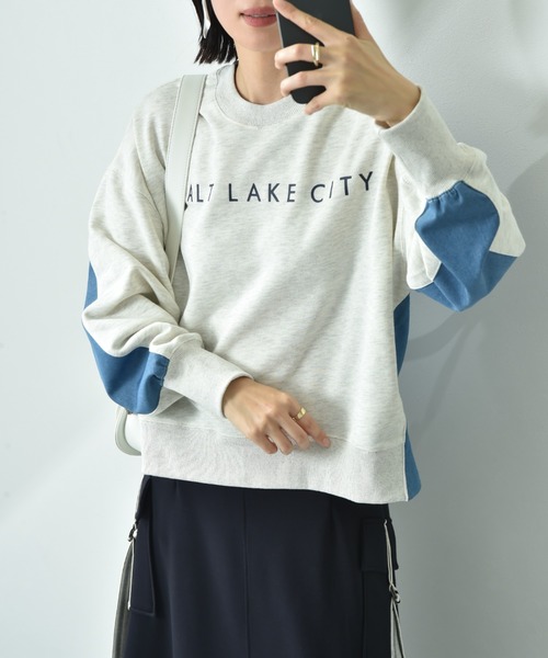 INTERPLANET（インタープラネット）の「デニム切替フロッキーロゴプルオーバー（スウェット・レディース・オートミール/チャコールグレー/ブルー・FREE）」の4枚目の写真