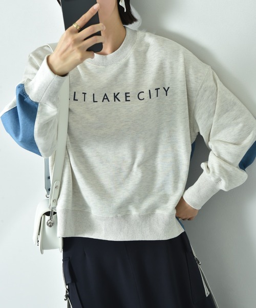 INTERPLANET（インタープラネット）の「デニム切替フロッキーロゴプルオーバー（スウェット・レディース・オートミール/チャコールグレー/ブルー・FREE）」の5枚目の写真