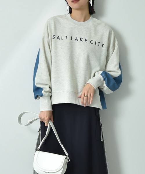 INTERPLANET（インタープラネット）の「デニム切替フロッキーロゴプルオーバー（スウェット・レディース・オートミール/チャコールグレー/ブルー・FREE）」の6枚目の写真