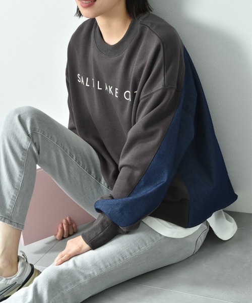 INTERPLANET（インタープラネット）の「デニム切替フロッキーロゴプルオーバー（スウェット・レディース・オートミール/チャコールグレー/ブルー・FREE）」の11枚目の写真