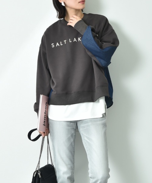 INTERPLANET（インタープラネット）の「デニム切替フロッキーロゴプルオーバー（スウェット・レディース・オートミール/チャコールグレー/ブルー・FREE）」の12枚目の写真