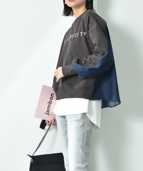 INTERPLANET（インタープラネット）の「デニム切替フロッキーロゴプルオーバー（スウェット・レディース・オートミール/チャコールグレー/ブルー・FREE）」の13枚目の写真