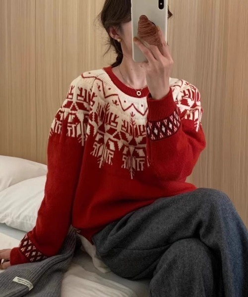 paravion（パラビオン）の「ノルディックニットプルオーバー（ニット/セーター・レディース・グレー/ホワイト/レッド・FREE）」の7枚目の写真