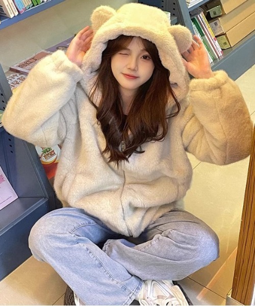 セール】WEGO/モコモコくまちゃんファーアウター/パーカー（ブルゾン