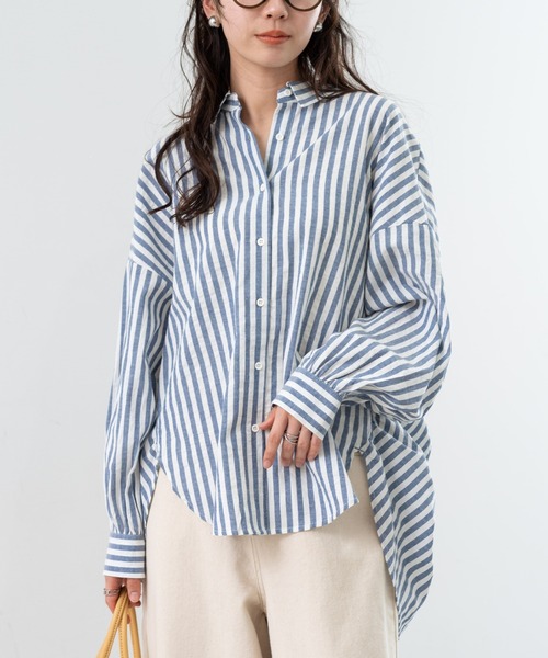 refinedworks（リファインドワークス）の「【refinedworks】 ストライプ が 好印象な タック ブラウス ！（シャツ/ブラウス・レディース・ベージュ/グレー/ネイビー・FREE）」の3枚目の写真