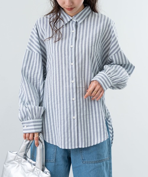 refinedworks（リファインドワークス）の「【refinedworks】 ストライプ が 好印象な タック ブラウス ！（シャツ/ブラウス・レディース・ベージュ/グレー/ネイビー・FREE）」の4枚目の写真