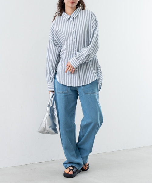 refinedworks（リファインドワークス）の「【refinedworks】 ストライプ が 好印象な タック ブラウス ！（シャツ/ブラウス・レディース・ベージュ/グレー/ネイビー・FREE）」の5枚目の写真