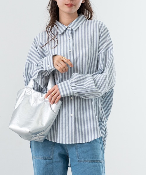 refinedworks（リファインドワークス）の「【refinedworks】 ストライプ が 好印象な タック ブラウス ！（シャツ/ブラウス・レディース・ベージュ/グレー/ネイビー・FREE）」の6枚目の写真