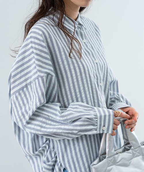refinedworks（リファインドワークス）の「【refinedworks】 ストライプ が 好印象な タック ブラウス ！（シャツ/ブラウス・レディース・ベージュ/グレー/ネイビー・FREE）」の8枚目の写真