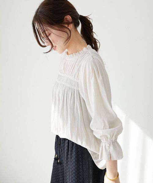 le.coeur blanc / ルクールブラン パウダーサテン袖シャーリングブラウス パウダーサテン2WAYシャーリングブラウス/le.coeur blanc