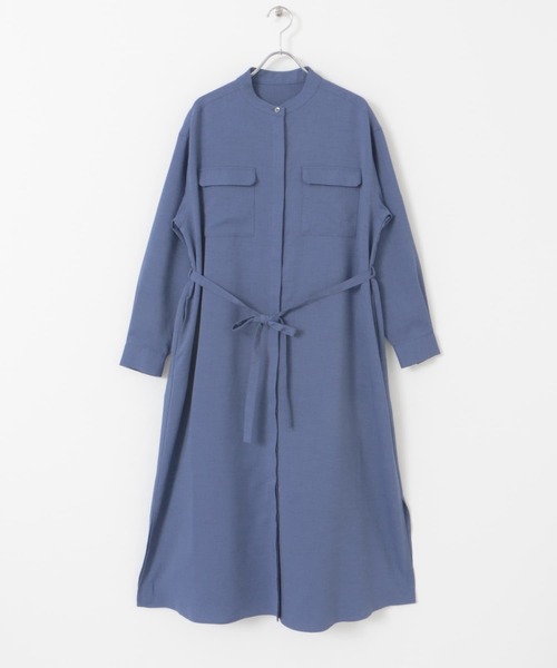 BLUE】ウォッシャブルリネンライクシャツワンピース