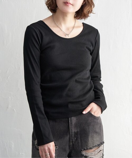 notch.(ノッチ)の「カップ付きテレコロンT(Tシャツ/カットソー・レディース・ブラック/オフホワイト/チャコール・M)」の1枚目の写真