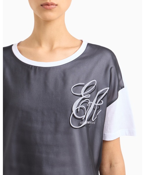 EMPORIO ARMANI（エンポリオアルマーニ）の「【エンポリオ アルマーニ】Tシャツ ジャージー EAロゴ シフォンインサーション（Tシャツ/カットソー・レディース・ホワイト×ブラック・SMALL/MEDIUM/LARGE/X-SMALL）」の3枚目の写真