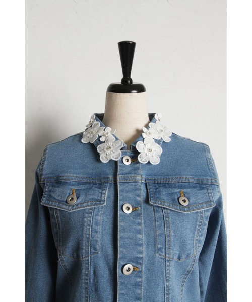 新品　【tocco closet】　フラワーレース付きデニムジャケット　ブルー フラワーレース付きデニムジャケット