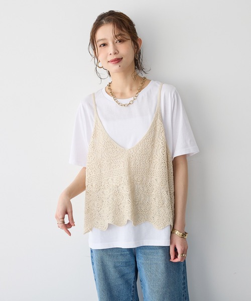 anyfee（エニフィー）の「【anyfee/プラスサイズ】かぎ針編み風ニットビスチェ（キャミソール・レディース・ブラック/オフホワイト・LL）」の2枚目の写真