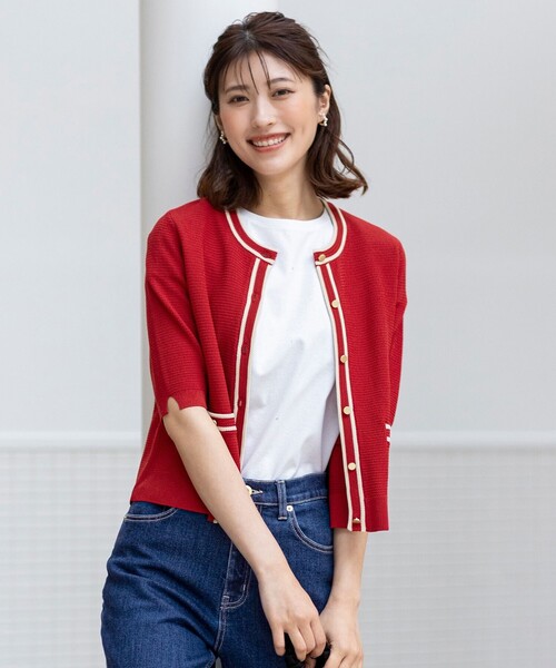 【新品】SWINSWING 長袖カーディガン ホワイト/レッド サイズ40 ANY SIS（エニィスィス）の「リンクスバイカラー カーディガン