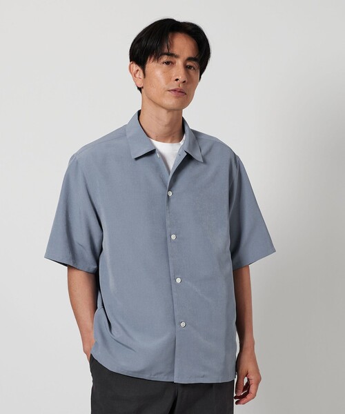 美品　23SS　ユナイテッドアローズ　テントシルエット　シャツ　サックスブルー シルキータッチ キャンプカラー フォルム シャツ（シャツ