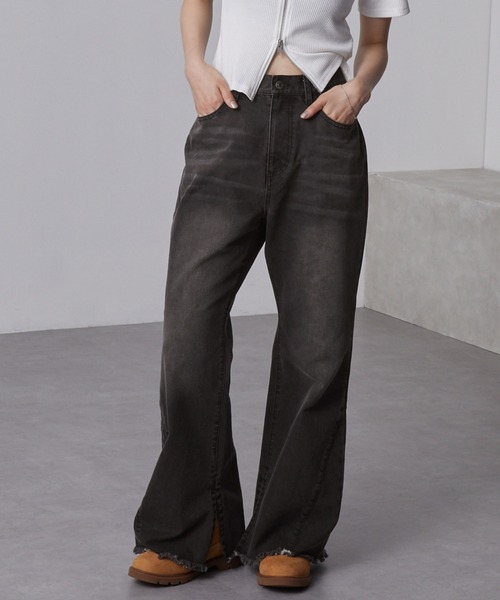 nui nullu】ヴィンテージライク 裾フリンジ&スリット フレアデニム