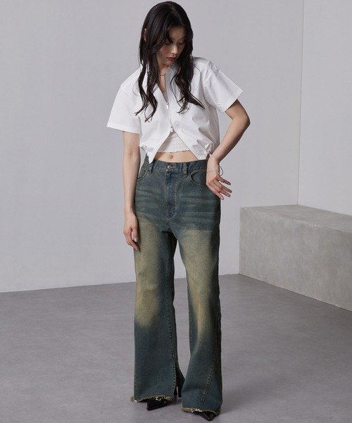 nui nullu（ヌイヌル）の「【nui nullu】ヴィンテージライク 裾フリンジ&スリット フレアデニムパンツ（デニムパンツ・レディース・ブルー系/ブラック系/ブルー系1・S/M/L）」の10枚目の写真