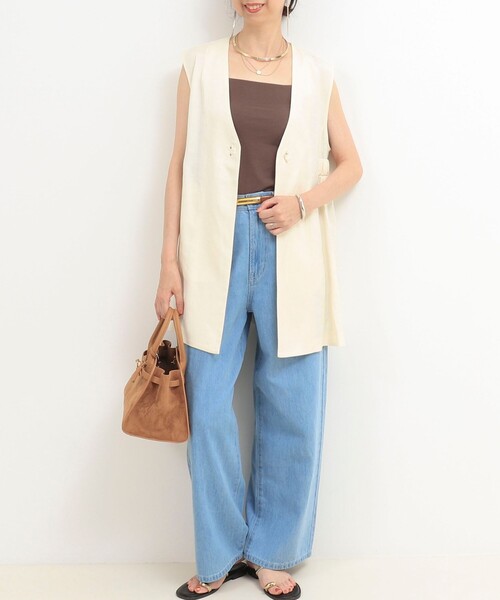 MICO COULIER（ミコクリエ）の「イージーケアリネンベスト（ノーカラージャケット・レディース・ダークネイビー/ベージュ/キナリ・38）」の5枚目の写真