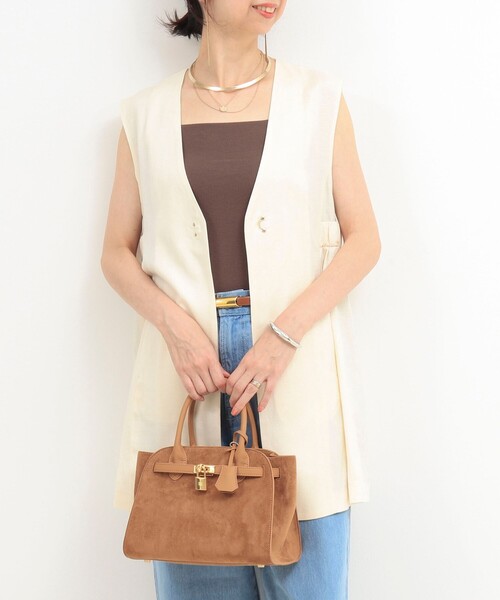 MICO COULIER（ミコクリエ）の「イージーケアリネンベスト（ノーカラージャケット・レディース・ダークネイビー/ベージュ/キナリ・38）」の6枚目の写真