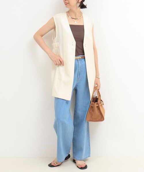 MICO COULIER（ミコクリエ）の「イージーケアリネンベスト（ノーカラージャケット・レディース・ダークネイビー/ベージュ/キナリ・38）」の7枚目の写真