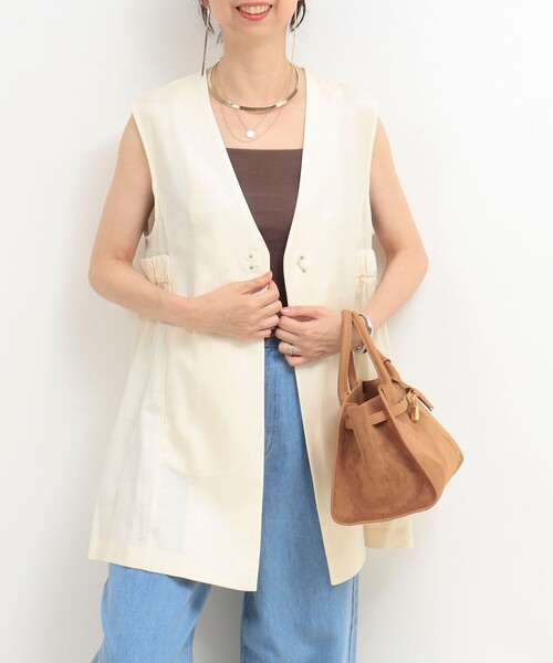 MICO COULIER（ミコクリエ）の「イージーケアリネンベスト（ノーカラージャケット・レディース・ダークネイビー/ベージュ/キナリ・38）」の9枚目の写真
