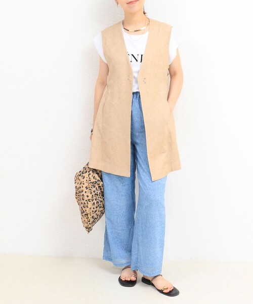 MICO COULIER（ミコクリエ）の「イージーケアリネンベスト（ノーカラージャケット・レディース・ダークネイビー/ベージュ/キナリ・38）」の10枚目の写真
