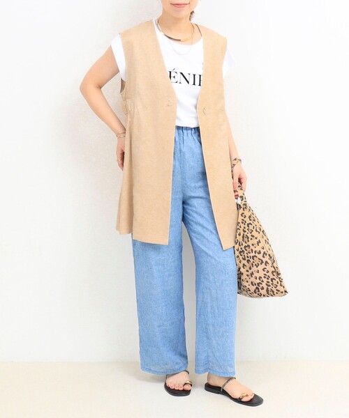 MICO COULIER（ミコクリエ）の「イージーケアリネンベスト（ノーカラージャケット・レディース・ダークネイビー/ベージュ/キナリ・38）」の12枚目の写真