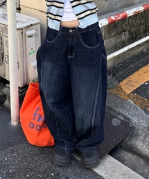 【ユニセックス】ブラスト加工バルーン切り替えデニムパンツ